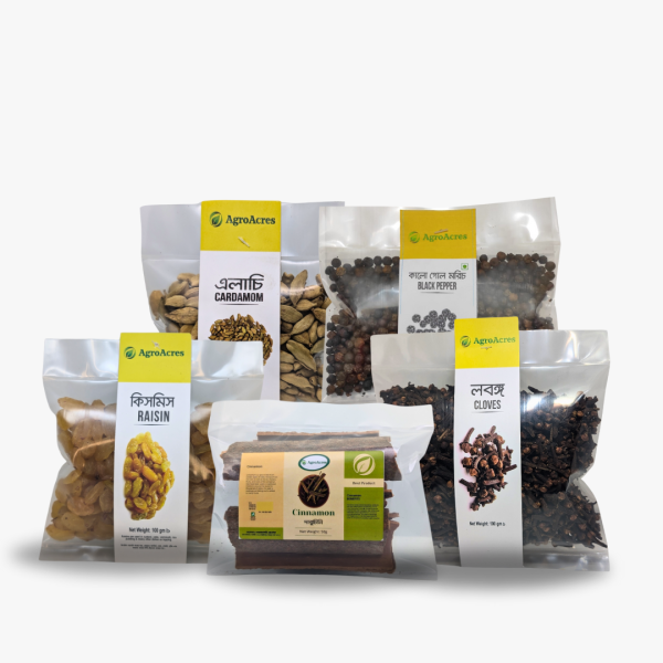 Spice Combo-1 (Elachi-100g, Darchini- 100g, Lobongo-100g, Kalo Golmorich-100g, Kismis- 100g)